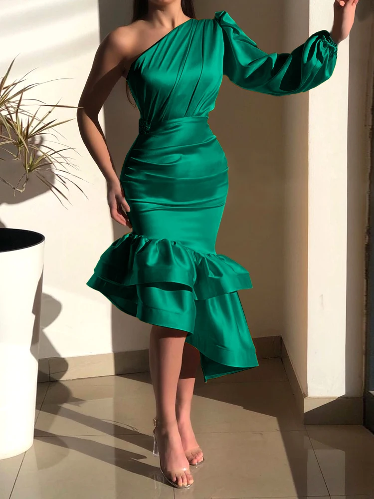 Top Trends: Green One Shoulder Dresses Elegant Women Long Sleeve Eimpire Bodycon Shiny Gowns Irregular Satin Outfit For Ladies Evening Party Shoppable Styles