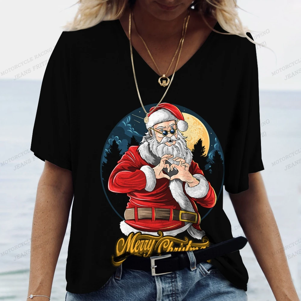 Top Trends: Santa Claus Print T Shirt For Women Christmas Harajuku Clothing Fashion V-neck Short Sleeve Tops New Year Party Female T-Shirts Shoppable Styles - Image 2