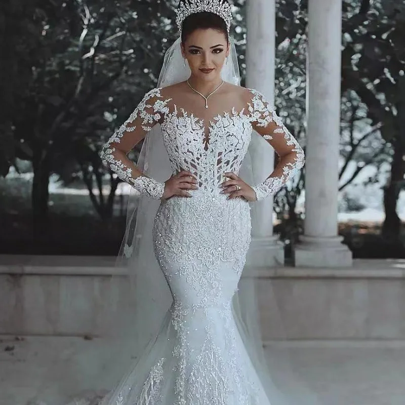 Top Trends: Sexy Mermaid Wedding Dresses Long Sleeves 2023 New Lace Illusion See Through Back Lace Bride Dresses Court Wedding Gowns Luxury Shoppable Styles