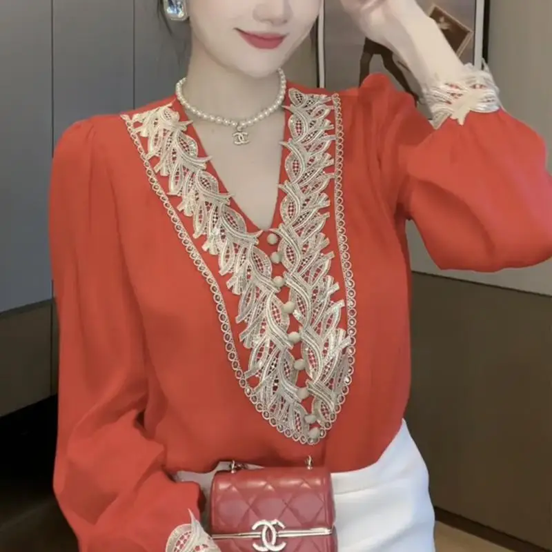 Top Trends: Commute Elegant Lace Spliced Blouse Female Clothing Long Sleeve Casual V-Neck Button Spring Autumn Chic Vintage Hollow Out Shirt Shoppable Styles