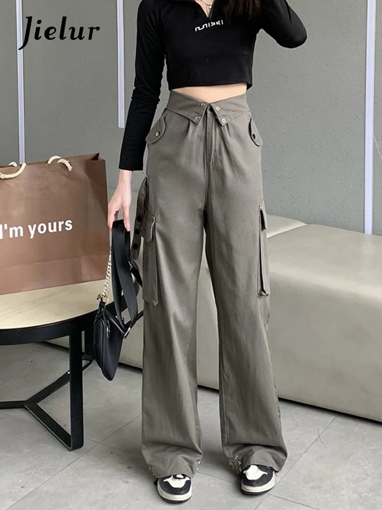 Top Trends: Jielur American Street Simple Cargo Pants Female Casual Loose Slim Women Straight Pants Gray High Waisted Fashion Woman Pants Shoppable Styles - Image 4