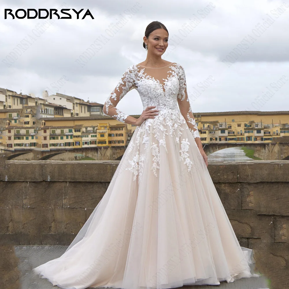 Top Trends: RODDRSYA O-Neck Long Sleeves Wedding Dress A-Line Tulle Illusion Back Bride Gowns Applique Custom Made Elegant Vestidos De Novia Shoppable Styles