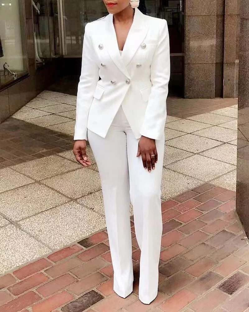 Top Trends: Women 2 Piece Set Double-Breasted Blazer And Floor-Length Flared Pants Suit 2023 Fashion OL Business Sets Shoppable Styles