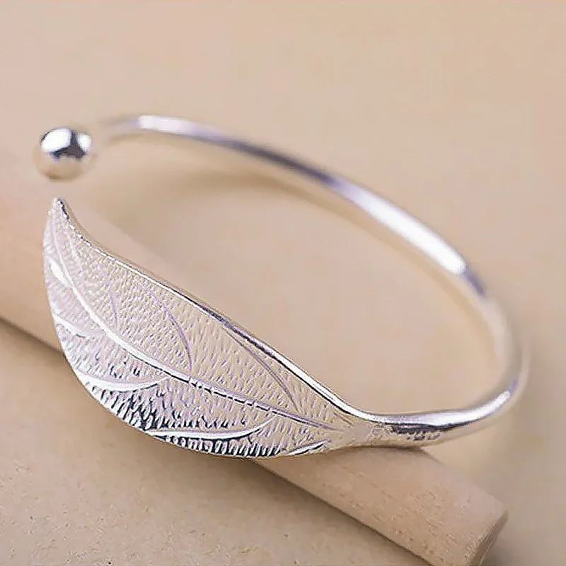 Top Trends: Fashion 925 Sterling Silver Woman Cuff Bracelet Open Leaf Shaped Adjustable Charm Bangle Girls Party Jewelry Christmas Gifts Shoppable Styles