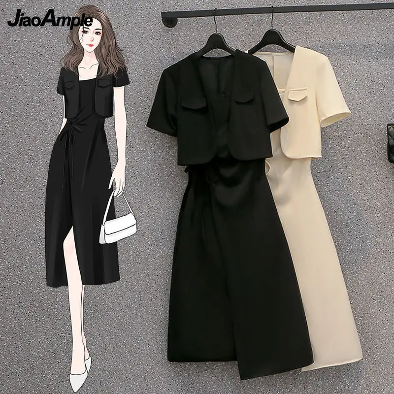 Top Trends: Women's Dress Suit 2023 Summer New Fashion Short Coat Irregular Midi Suspender Skirt Two-piece Korean Elegant All-match Set Shoppable Styles