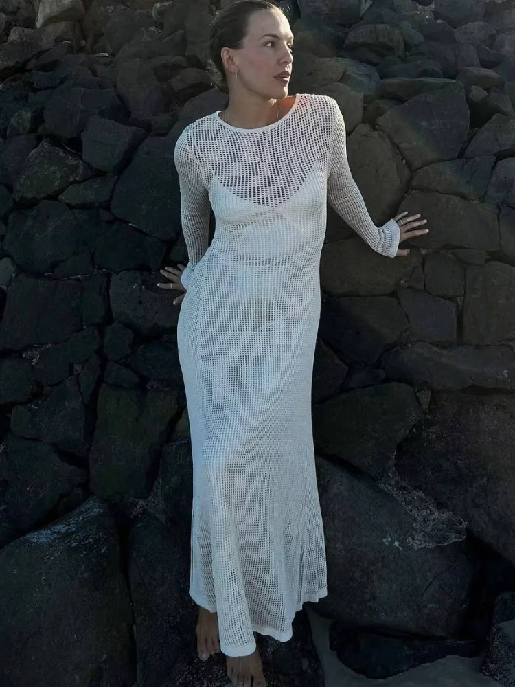 Top Trends: Summer Knitted Maxi Dress For Women Hollow Out See Through Long Sleeve Slim Elegant Sexy Dresses Club Party Beach Dress Casual Shoppable Styles