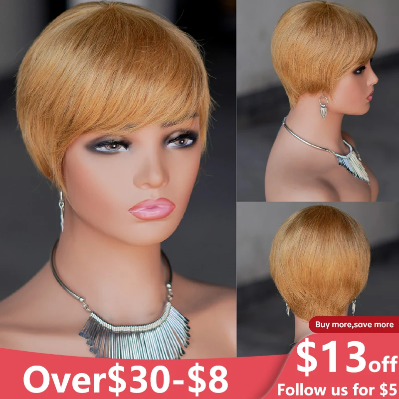 Top Trends: Pixie Cut Human Hair Wig Short Straight Golden Blonde Layered Full Machine Made Wig 100% Remy Human Hair For Black Women Natural Shoppable Styles