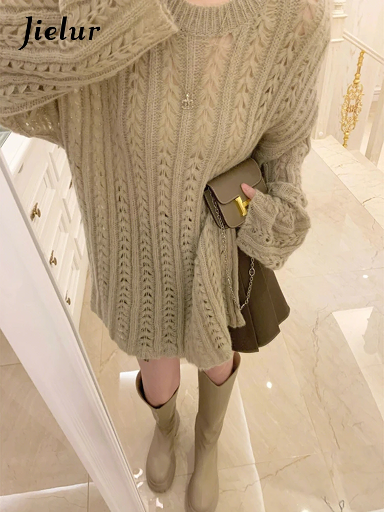 Top Trends: Jielur Sweet O-neck Sweater Knitting Loose Split Female Dresses Winter New Solid Color Fashion Basic Simple Casual Women Dresses Shoppable Styles