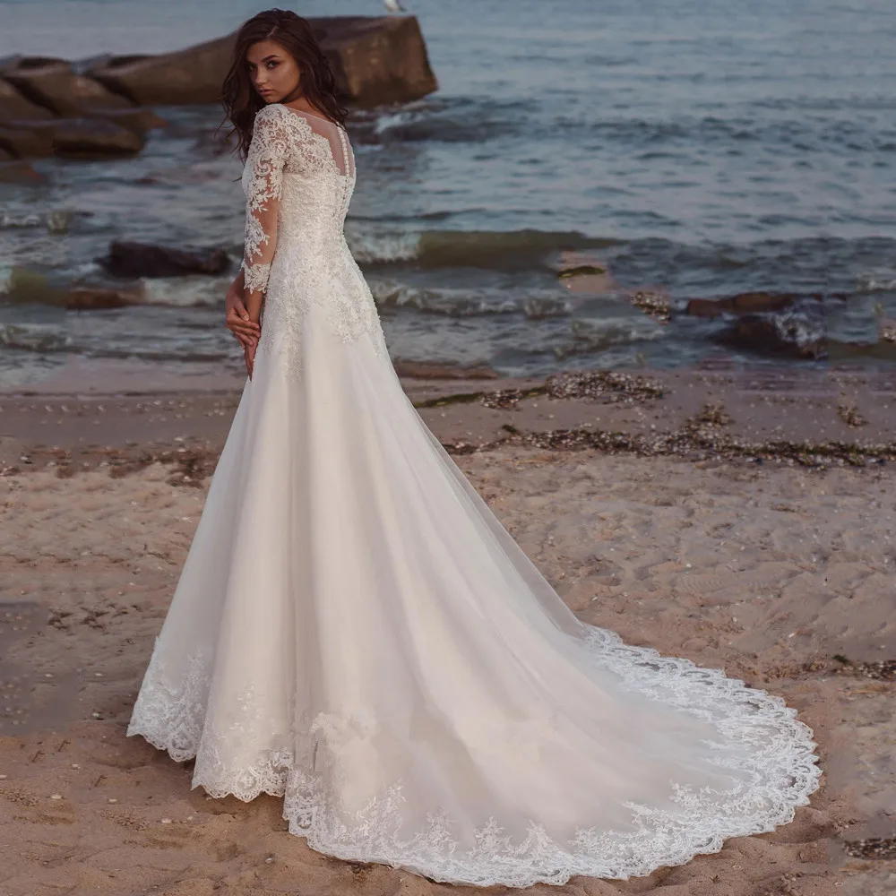 Top Trends: Long Wedding Dress Eleagnt Long Sleeves V Neck Lace Appliques A Line Tulle Sweep Train Bridal For Women Robe De Mariee Summer Shoppable Styles - Image 2