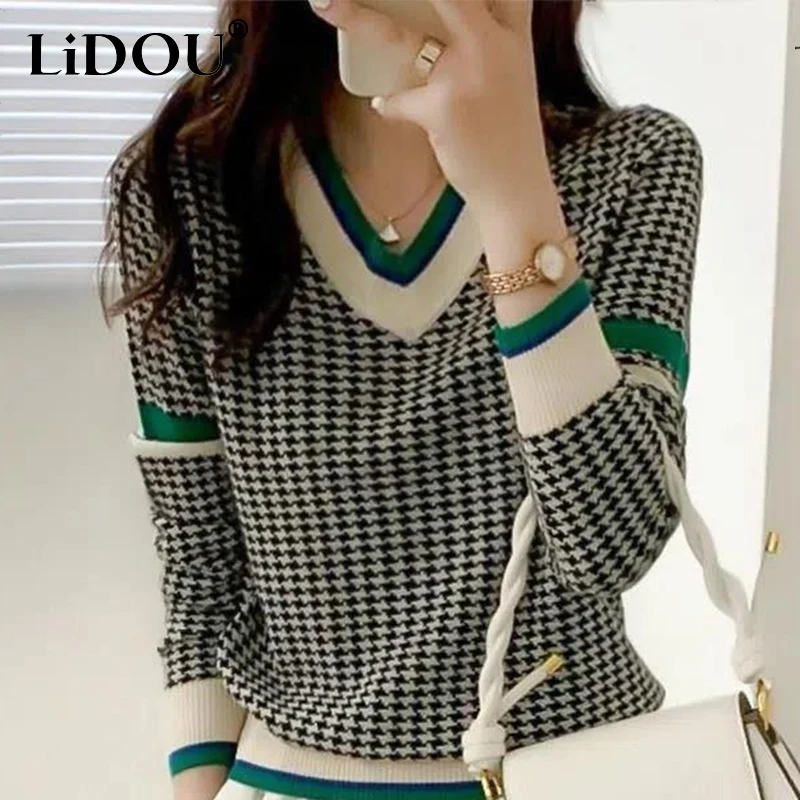 Top Trends: Autumn Winter V-neck Houndstooth Casual Fashion Sweater Ladies Simple All-match Knitting Jumper Top Women Loose Pullover Outwear Shoppable Styles