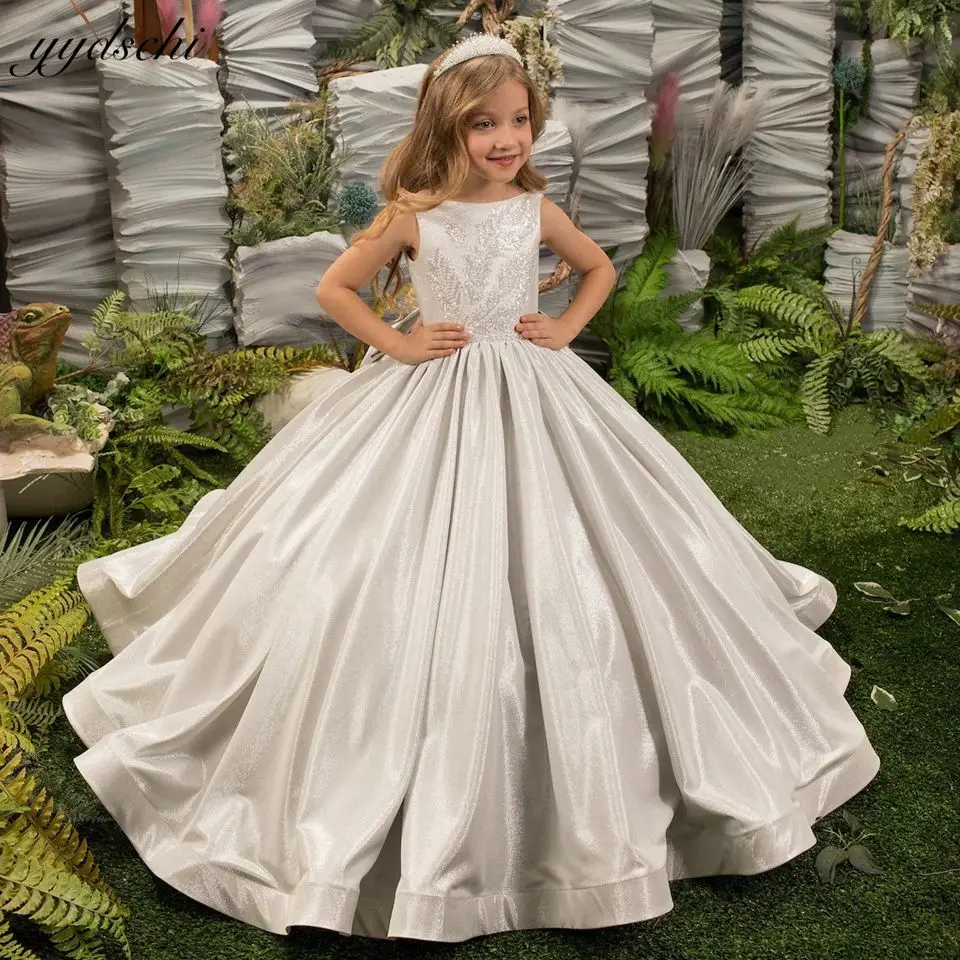 Top Trends: Luxury Silver Sleeveless Flower Girl Dresses For Wedding 2024 Princess Glitter Sequined Pageant First Communion Gowns With Bow Shoppable Styles