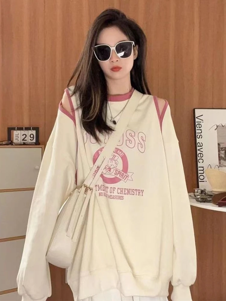 Top Trends: Deeptown Korean Style Long Sleeve Sweatshirts Women Y2k Kpop Letter Oversize Grey Pullover Harajuku Streetwear Off Shoulder Top Shoppable Styles - Image 4