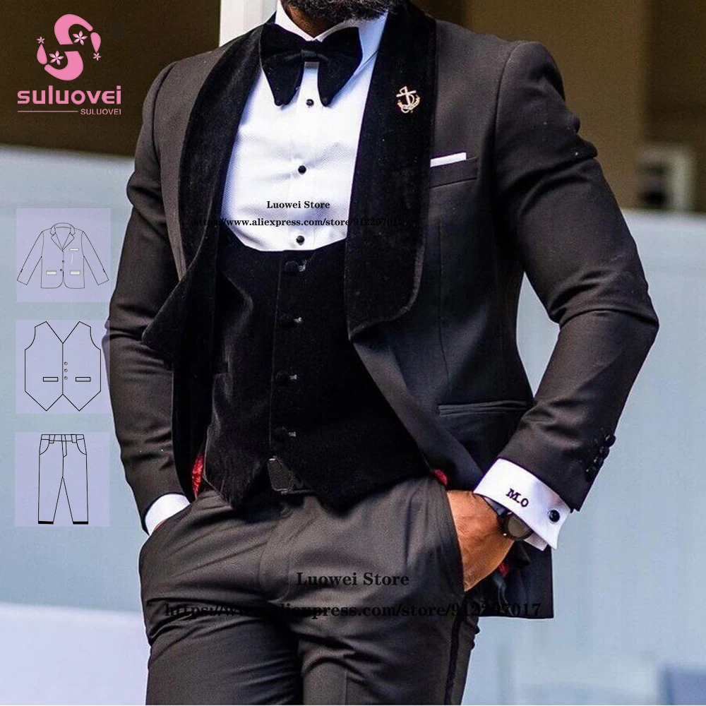 Top Trends: Fashion Wedding Shawl Lapel Suits For Men Velvet Slim Fit 3 Piece Pants Set Formal Groom Wedding Dinner Tuxedos Blazer Masculino Shoppable Styles