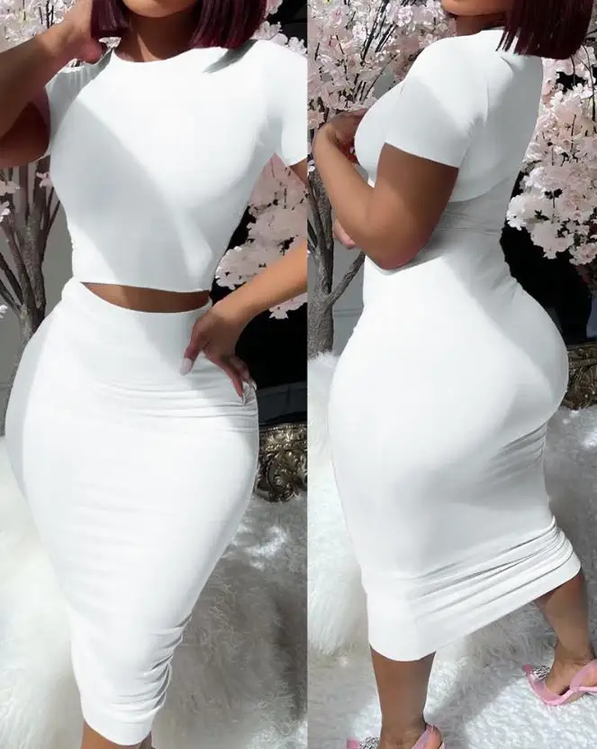 Top Trends: Simple Casual Skirt Two-Piece Set 2023 Summer Solid Color Round Neck Short-Sleeved Top & Hip Tight High Waist Skirt Suit Shoppable Styles