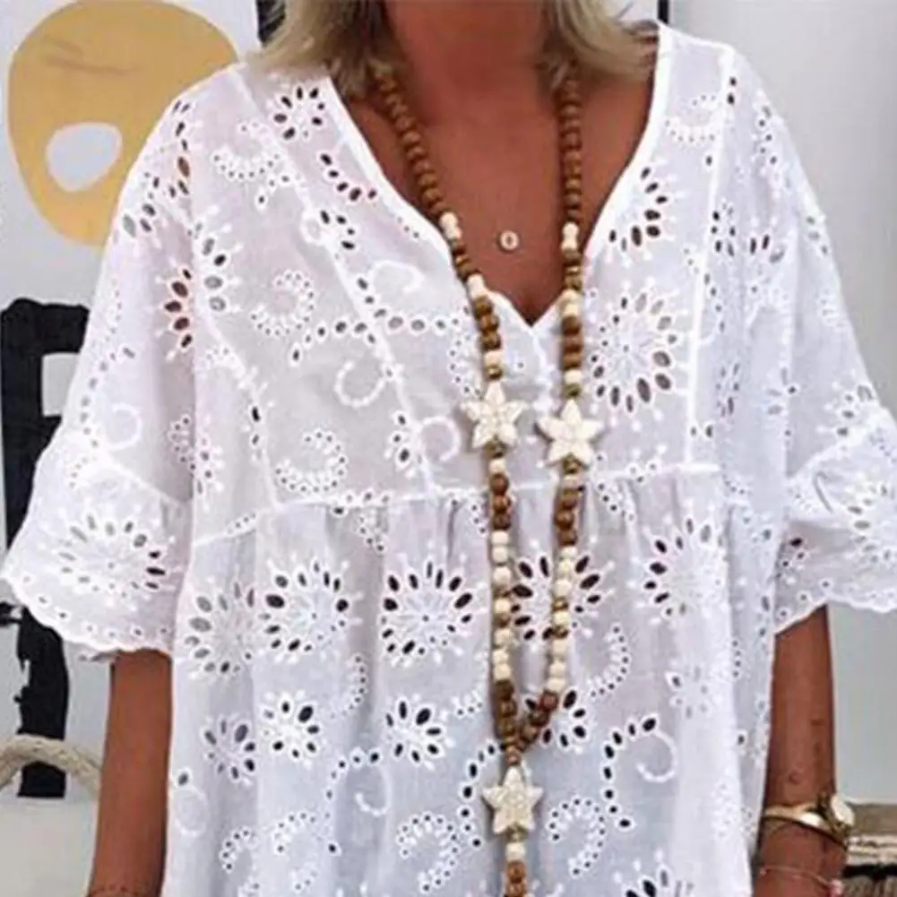 Top Trends: Women Mini Dress Fashion V-Neck Hollow Out Embroidery Pattern Short Sleeves White Color Ruffle Dress Summer Casual Loose Cover-u Shoppable Styles