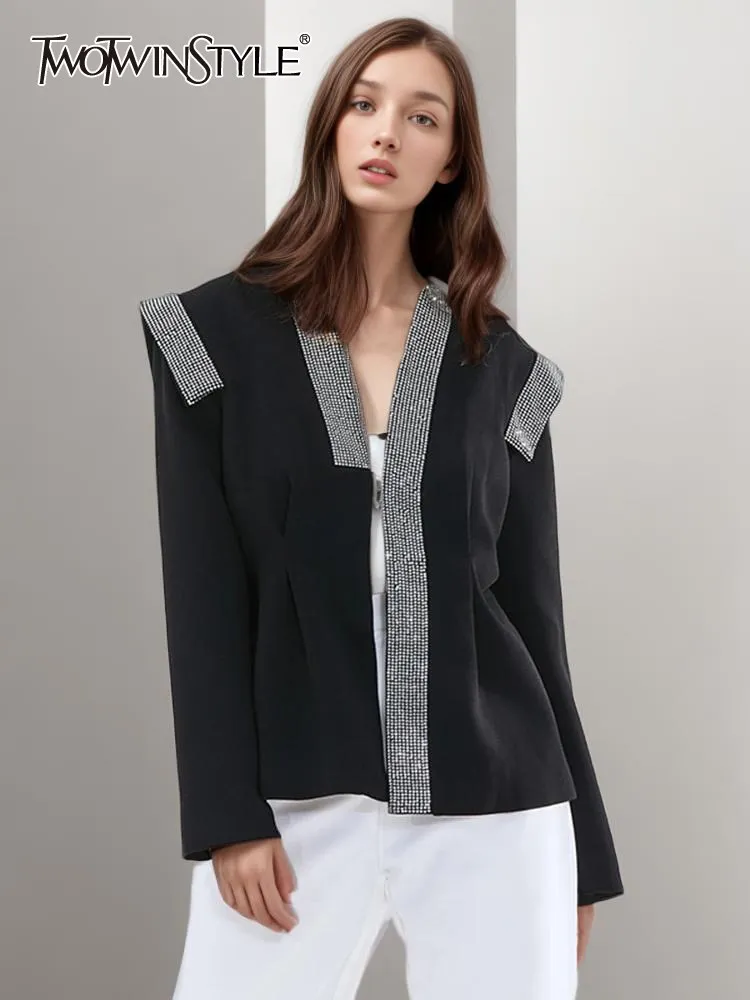 Top Trends: TWOTWINSTYLE Colorblock Spliced Diamonds Blazers For Women Notched Collar Long Sleeve Elegant Casual Blazer Female Fashion Style Shoppable Styles