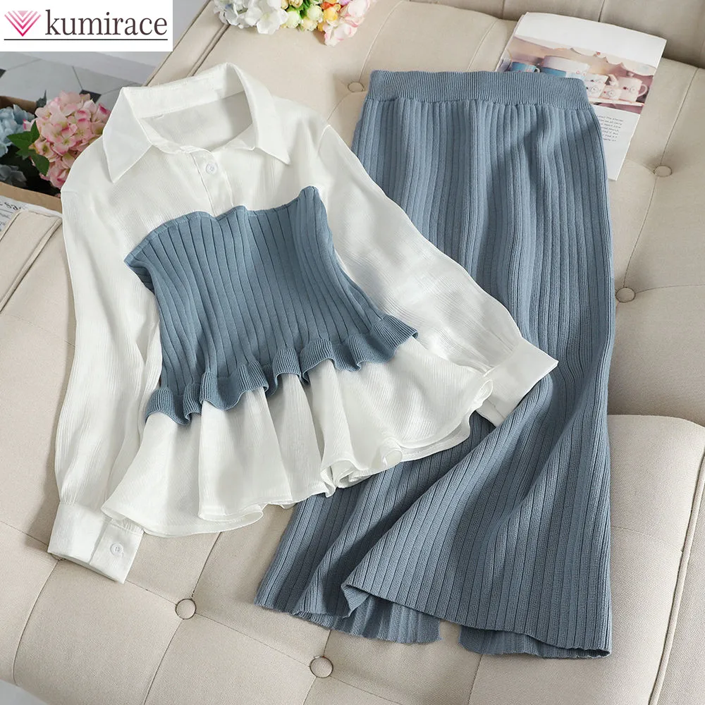 Top Trends: South Korea Popular Autumn Style Pleated Stitched Knit Shirt Buttock Wrapped Wool Skirt Two-piece Set Elegant Women's Skirt Suit Shoppable Styles