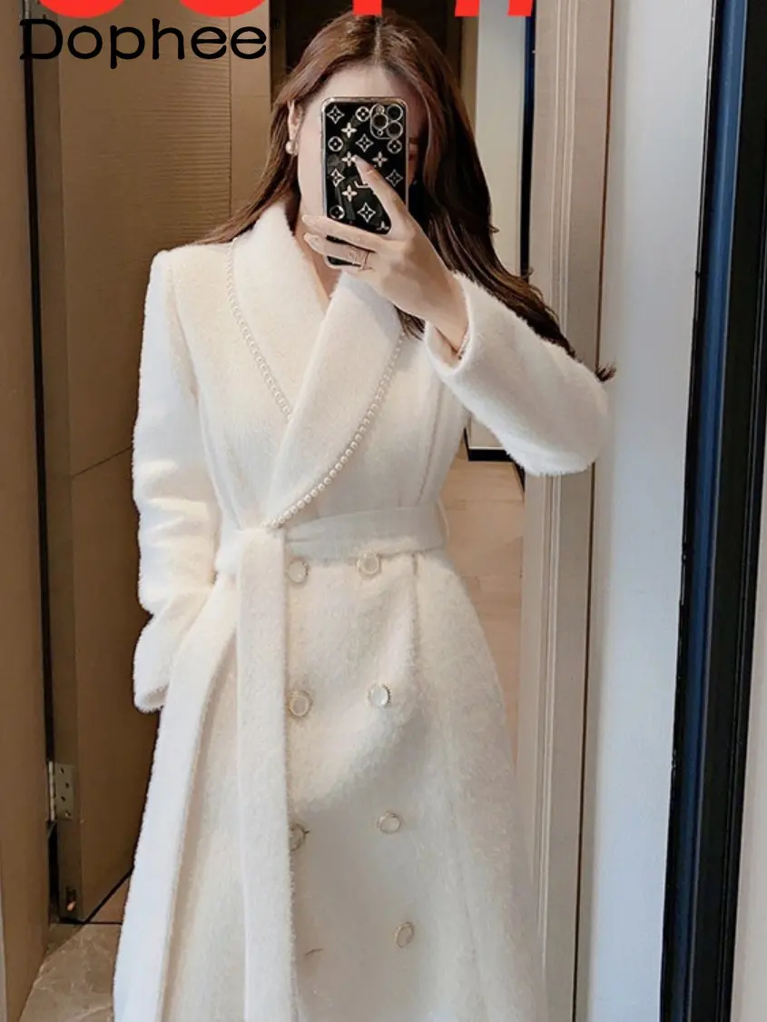 Top Trends: Chic Beaded Elegant White Cashmere Coat For Women Autumn Winter 2022 New Mid-Length Belt Waist Woolen Coats Female Trench Coat Shoppable Styles