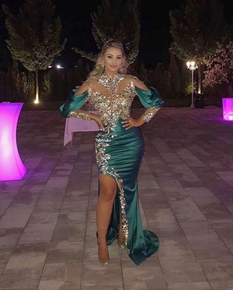 Top Trends: Green Satin Gold Decal Sequin Beaded High Neck Evening Dress Long Sleeve Mermaid Side Split Prom Dresses فساتين السهرة 2023 Shoppable Styles