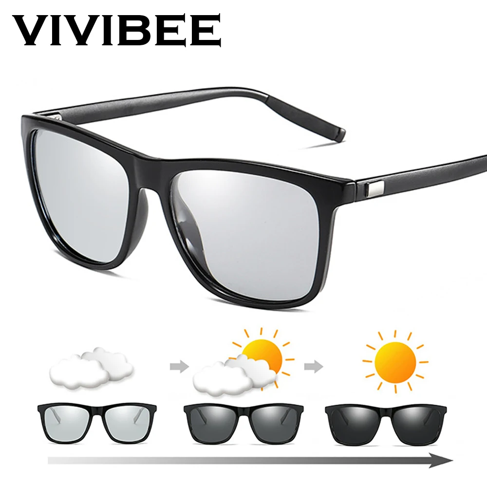 Top Trends: VIVIBEE Color Change Grey Frame Photochromic Polarized Sunglasses Men Square Classic Chameleon Glaases Transition Lens Eyewear Shoppable Styles