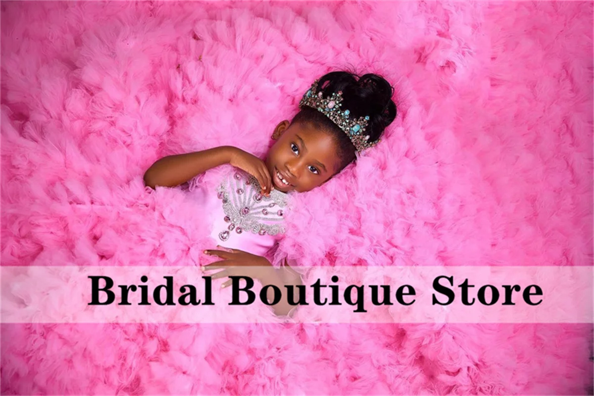 Top Trends: Pink Flower Girls Dress Puffy Ruffle Crystal Rhinestones Ball Gowns African Child Dress For Wedding First Communion PhotoShoot Shoppable Styles - Image 2