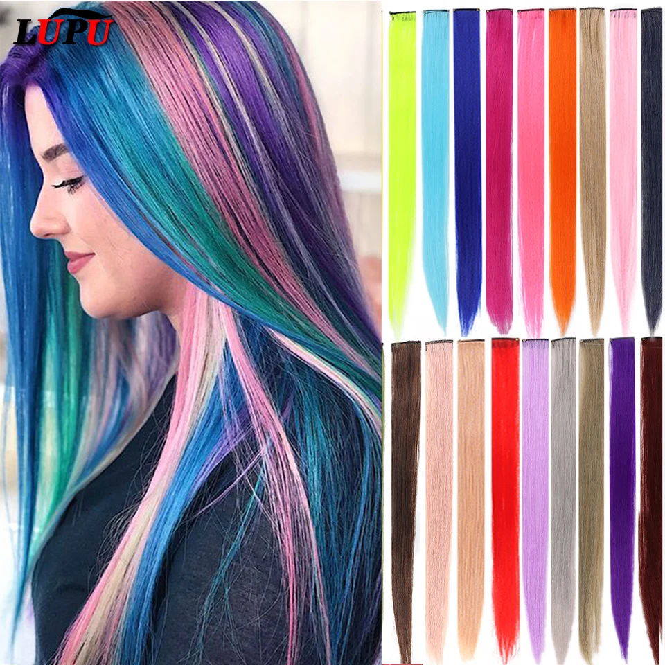 Top Trends: LUPU 22 Inch Colored Highlight Synthetic Hair Extensions Rainbow Long Straight Hairpieces For Women Kids Girls Purple Pink Blue Shoppable Styles