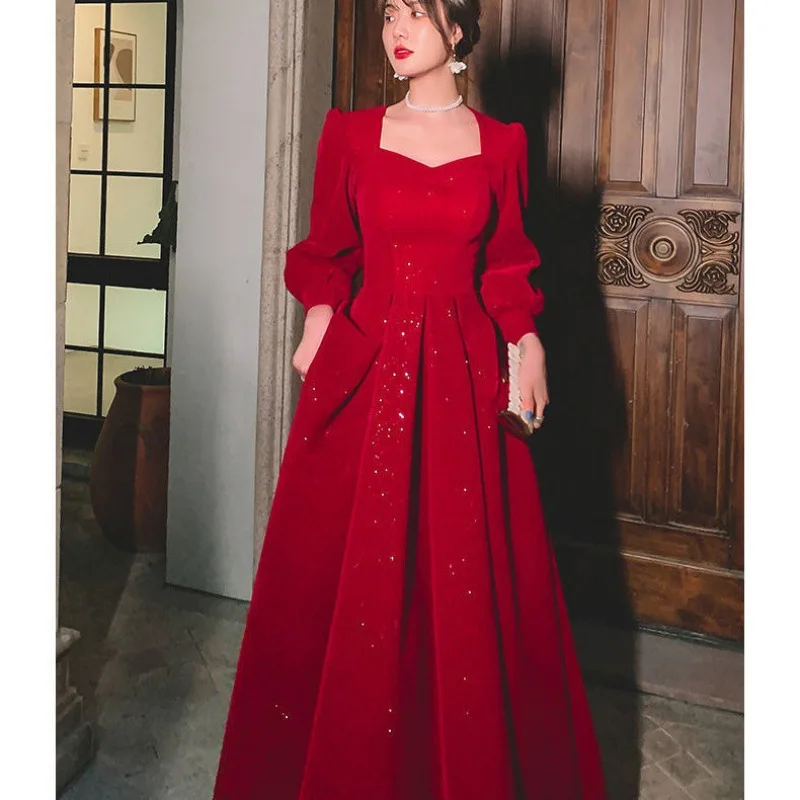 Top Trends: Women Evening Dresses Long Sleeve Elegant Square Collar Red Prom Party Dress Long A-line Wedding Guest Evening Dress Graduation Shoppable Styles