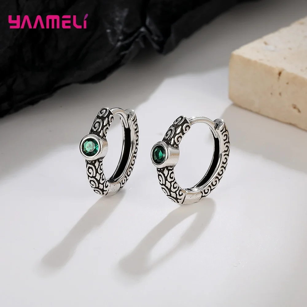 Top Trends: Retro Vintage 925 Sterling Silver Jewelry Green Cubic Zircon With Carving Parttern Ear Decoration Women Hoop Earrings Shoppable Styles