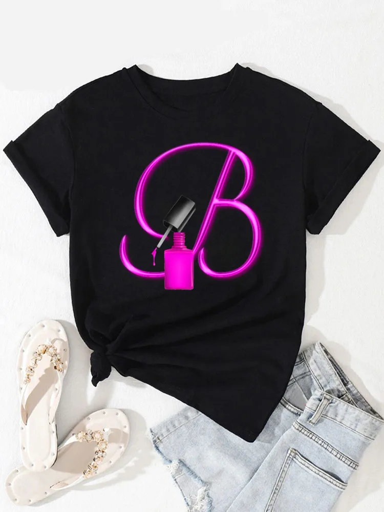 Top Trends: Women T-shirt Custom Name Letter Combination Nail Art Letter Font A B C D E F G Short Sleeve Tops Fashion Black T-shirt Clothing Shoppable Styles - Image 3