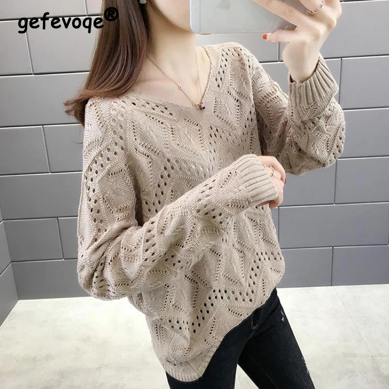 Top Trends: Spring Autumn Korean Style Sweet Solid V-neck Hollow Out Jumper Women Elegant Fashion All-match Pullover Sweater Female Clothes Shoppable Styles