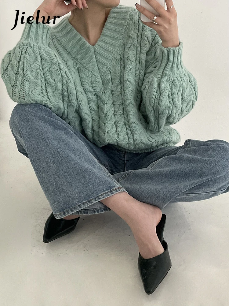 Top Trends: Jielur Autumn Winter New Chic Knitted Pullovers Woman Loose Retro Fashion Pullovers Casual Grey Pink Apricot Light Green Sweater Shoppable Styles - Image 4