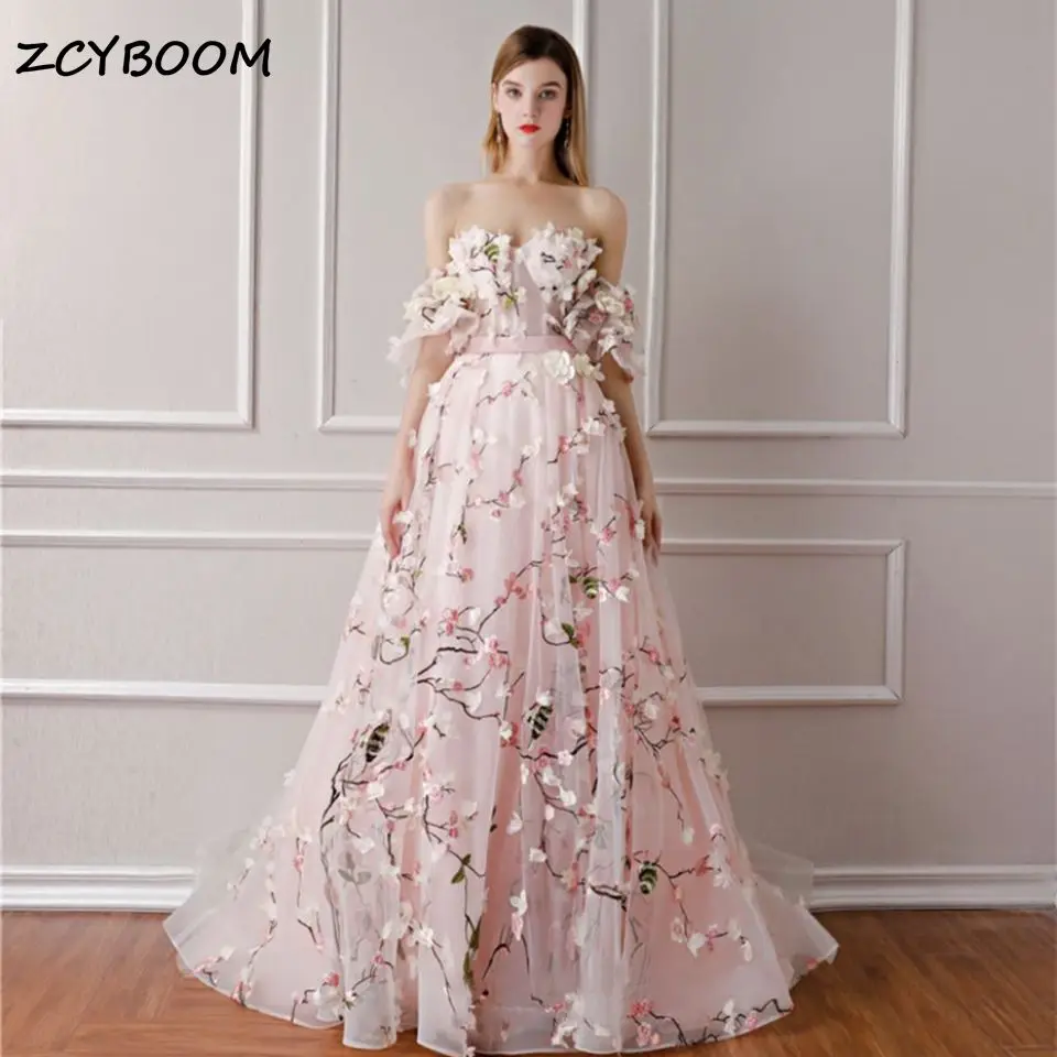 Top Trends: 2023 Off Shoulder Pink 3D Embroidered Flowers Evening Dress Elegant A-Line Tulle Appliques Sleeveless Party Prom Gowns For Women Shoppable Styles