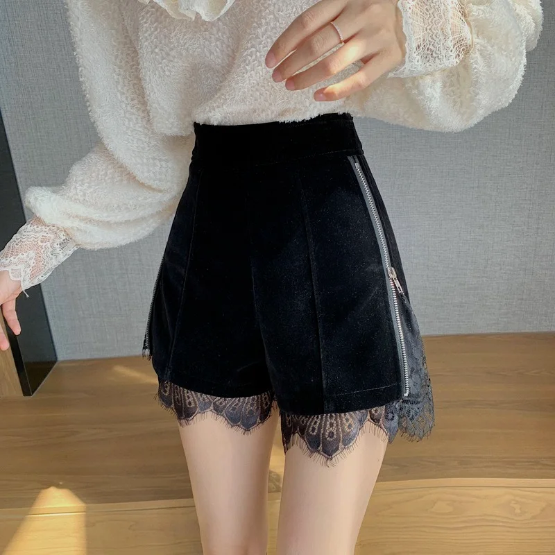 Top Trends: Woman Fashion Sexy High-waist Lace Stitching Shorts Female Straight-leg Shorts Gold Velvet Adjustable Slim Boot Shorts Clothing Shoppable Styles