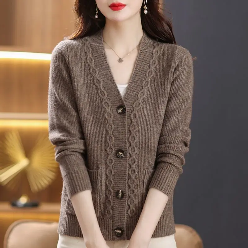 Top Trends: Fashion Vintage Women Thicken Cardigan Sweaters Spring Autumn New V-Neck Korean Solid All-match Casual Knitted Coats Jumpers Shoppable Styles