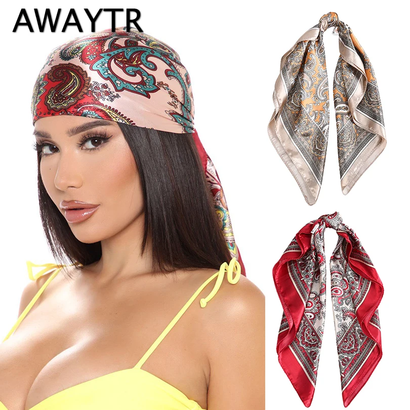 Top Trends: AWAYTR Fashion Square Silk Scarf Women Headband 60*60cm Print Neck Scarfs Office Hair Band Hand Kerchief Female Bandana Headwear Shoppable Styles