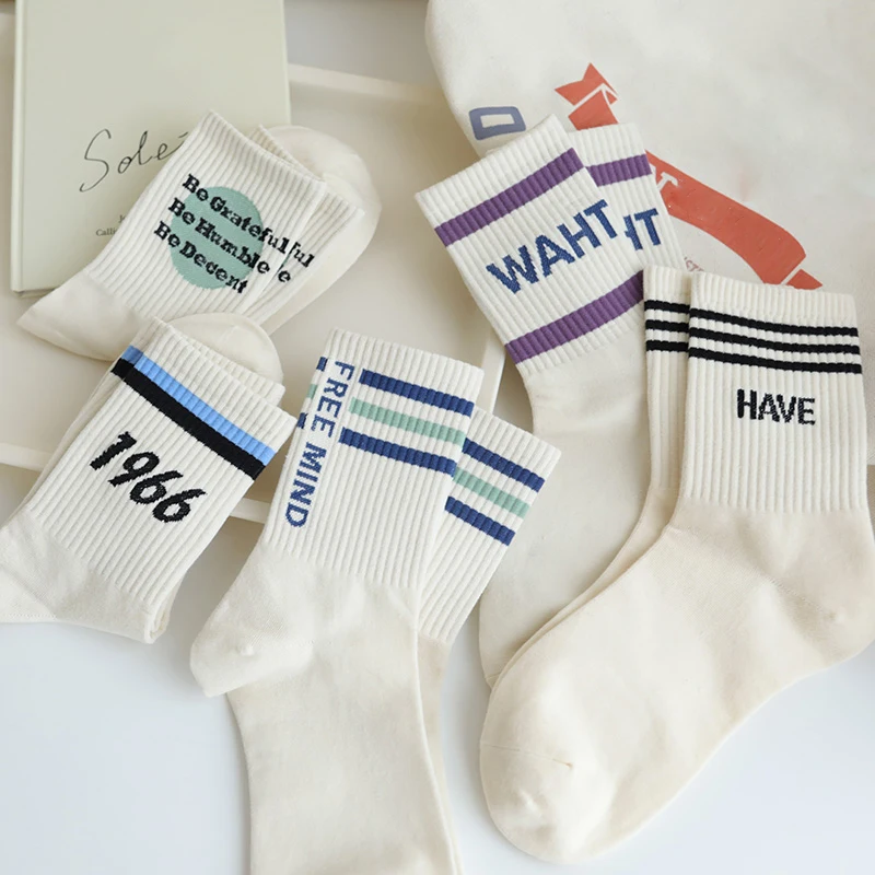 Top Trends: Cotton Socks For Women High Quality Spring New Fashion Letter Mixed-Color Korean Socks Female Striped Casual White Sports Socks Shoppable Styles