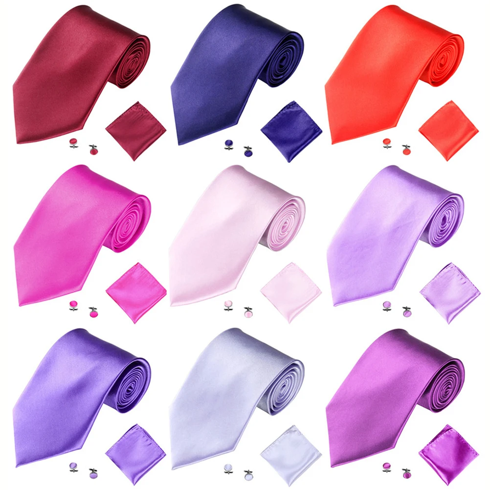 Top Trends: Fashion Tie Set Men Women 10CM 4'' Wedding Accessories Satin Black Red Blue Gray Yellow Green Pink Cufflinks Hanky Necktie Sets Shoppable Styles