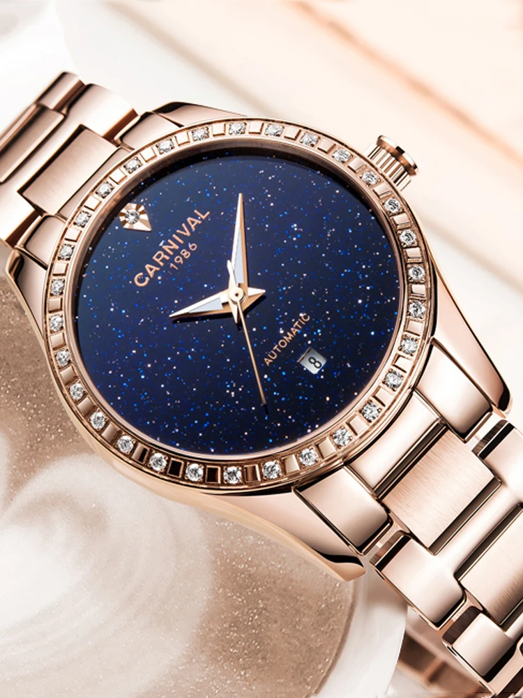 Top Trends: CARNIVAL Luxury Brand Starry Sky Automatic Mechanical Rose Gold Watches Women New Date Waterproof Ladies Watch Reloj Mujer Shoppable Styles