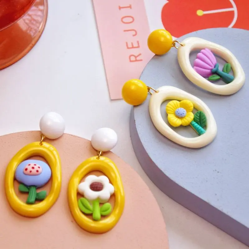 Top Trends: Unique Asymmetric Flower Earring Women Colorful Resin Flower Round Earring Cute Floral Earrings Korean Style Jewelry Wholesale Shoppable Styles