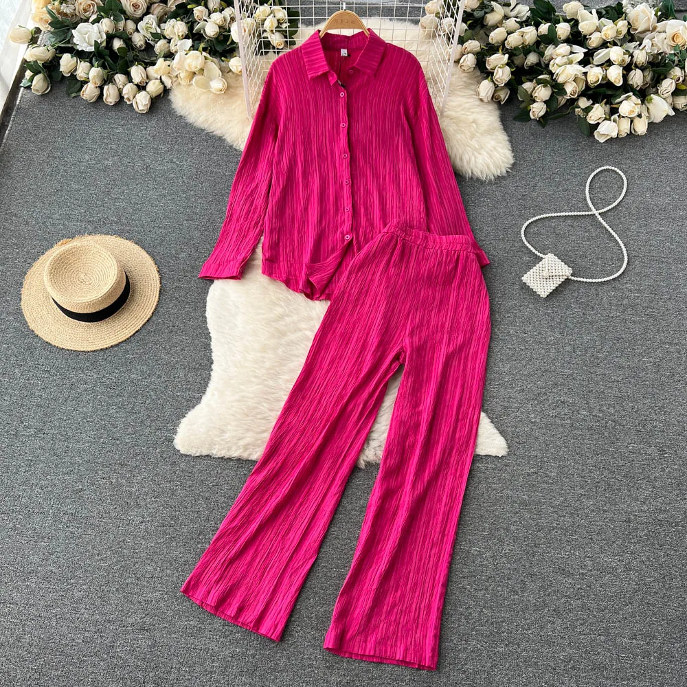 Top Trends: Women Casual Two Piece Set Outfits Office Lady Long Sleeve Elegant Loose Shirt And Pressed Pleated Long Wide LegPants Autumn Set Shoppable Styles