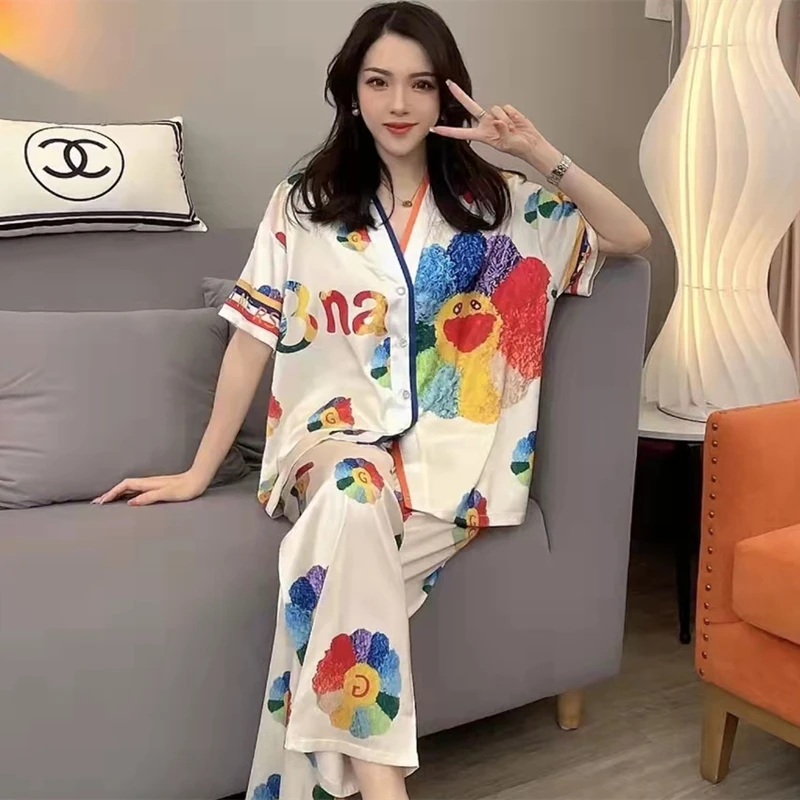 Top Trends: Women Luxurious Pyjamas Set Short Sleeve Trousers Suit Femme Home Clothes Sweet Casual Snow Silk Ladies Pajama Leisure Sleepwear Shoppable Styles