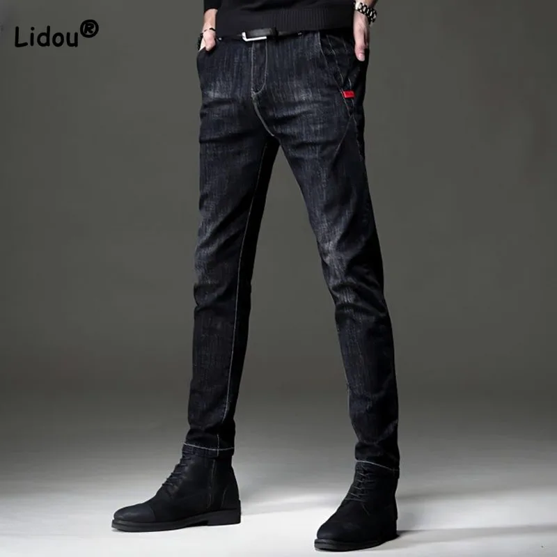 Top Trends: Trend Vintage Men's Mid Waist Washing Pencil Jeans 2023 Autumn Winter Fashionable Korean Button Elastic Denim Pants Male Clothes Shoppable Styles