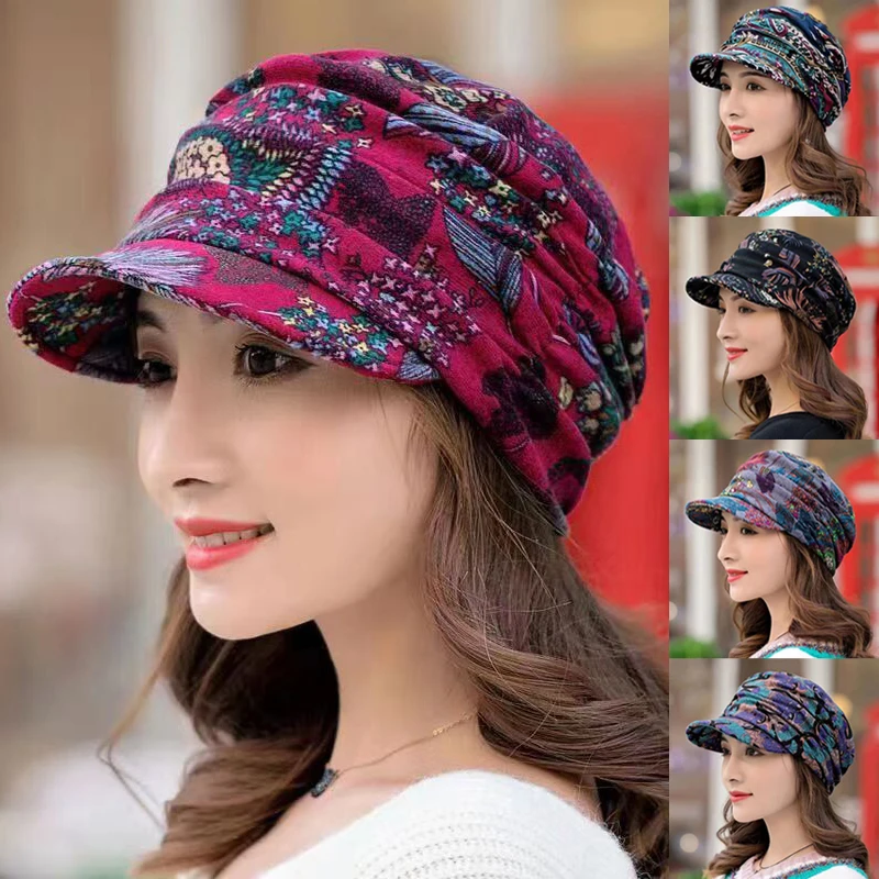 Top Trends: Short Wide Brim Floral Print Earflap Hat For Women Ethnic Windproof Foldable Warm Women Autumn Winter Outdoor Daily Cap Shoppable Styles