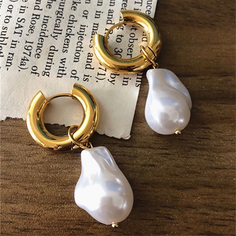 Top Trends: 2023 Stainless Steel Earbuckle Retro Imitation Baroque Pearl Pendant Earrings For Women Shoppable Styles