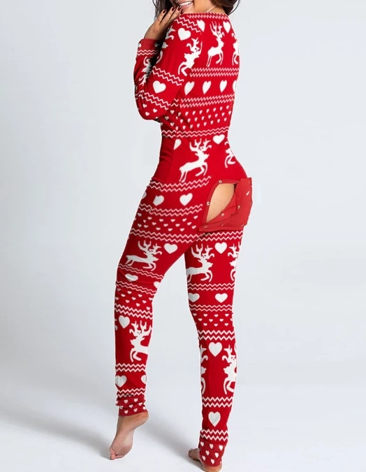 Top Trends: Button Flip Adult Pajamas Printed Christmas Long Sleeved Home Suit Jumpsuit 2023 Autumn Winter New Fashion Sexy Long Jumpsuit Shoppable Styles