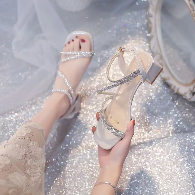 Top Trends: Summer 2023 Square Heels Ladies Shoes Rhinestones Footwear Open Toe Sandals For Women Diamond Party Weddings Trend Korea Shoe H Shoppable Styles