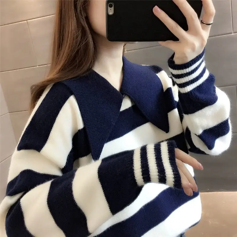 Top Trends: Stylish Lapel Spliced Korean Striped Sweaters Women's Clothing 2022 Autumn New Loose Casual Pullovers All-match Office Lady Tops Shoppable Styles