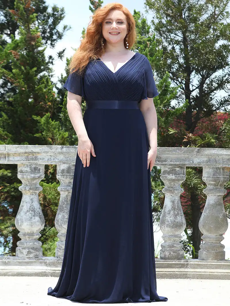 Top Trends: Plus Size Luxury Women's Dresses Long A-LINE Half Sleeve V-Neck Soft Gown 2024 Of Chiffon Navy Blue Women Dresses Shoppable Styles