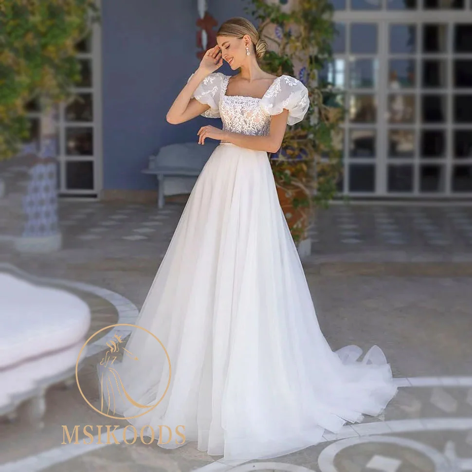 Top Trends: Msikoods Boho Wedding Dresses 2024 A Line Lace Appliques Square Neck Short Sleeves Formal Bride Dress Wedding Gowns Vestidos Shoppable Styles