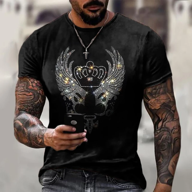 Top Trends: Quality Men's Fashion Oversized T-Shirts Wing Hot Drill Tee Tops Short Sleeve O-Neck Rhinestone Street Men Clothing Tshirt Y2K Shoppable Styles